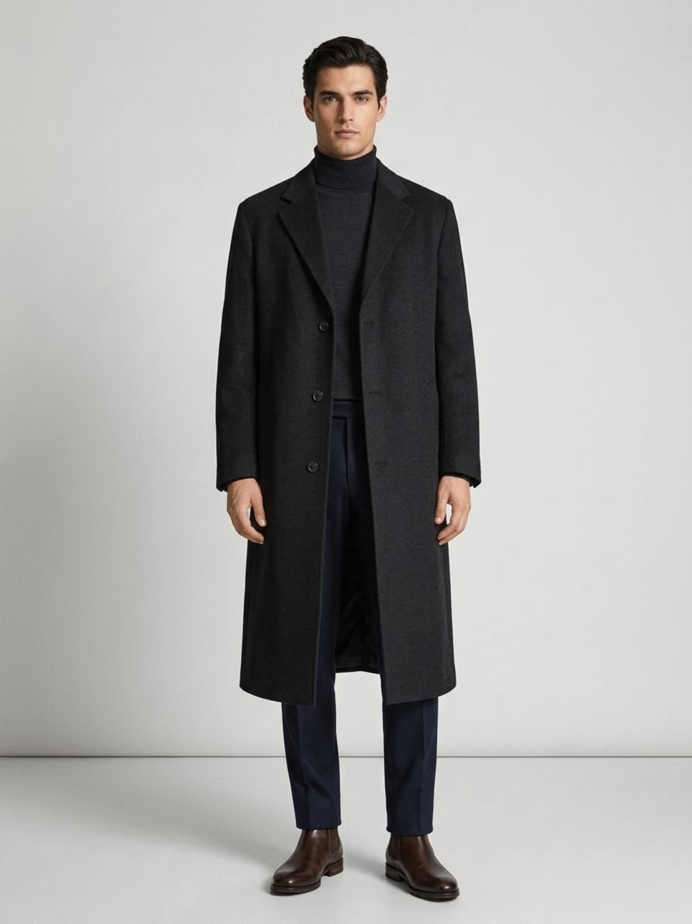 Emanuel Ungaro 100% Italian Cashmere Long Overcoat Mens 44L Dark Charcoal Gray